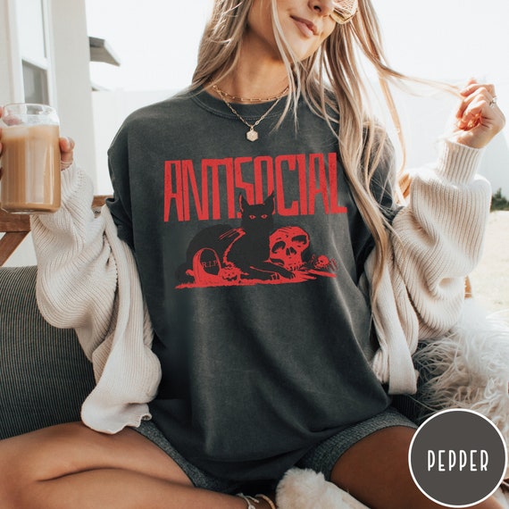 Antisocial Shirt, Retro Black Cat Skull Tshirt, Vintage Gothic Graphic Tee, Unisex Comfort Colors Shirt, Paranormal Haunted Witch Shirt