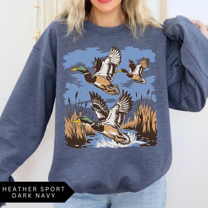 Vintage Ducks Sweatshirt - Unisex Retro Mallard Shirt Heather Sport Dark Navy