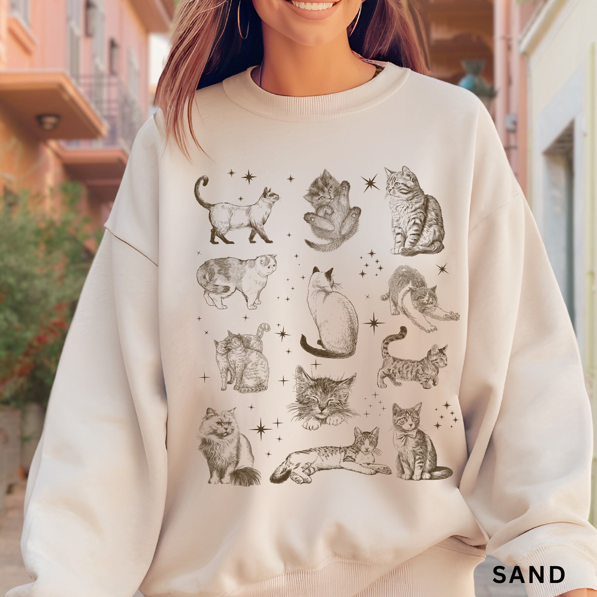 Vintage Cats Sweatshirt, Faded Retro Cat Shirt, Unisex