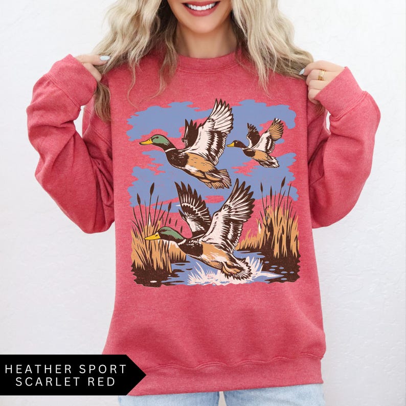 Vintage Ducks Sweatshirt - Unisex Retro Mallard Shirt Heather Scarlet Red
