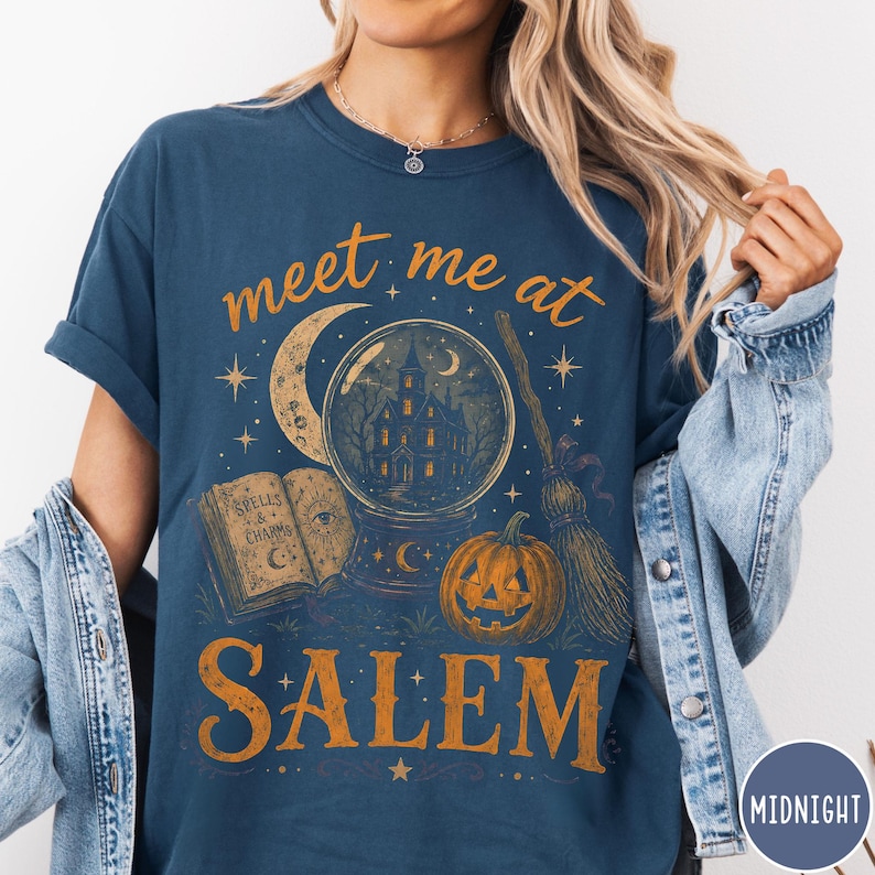 Meet Me At Salem Comfort Colors® Shirt, Witchy Halloween T-Shirt, Crystal Ball Witch Tee, Spooky Salem Shirt, Halloween Witch Lover Gift Midnight