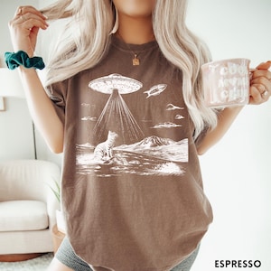 Pode incluir: Uma camiseta marrom com um gr&aacute;fico branco de um gato olhando para cima para um OVNI. O OVNI est&aacute; emitindo raios de luz. O gr&aacute;fico tamb&eacute;m inclui um pequeno OVNI voando &agrave; dist&acirc;ncia e nuvens.