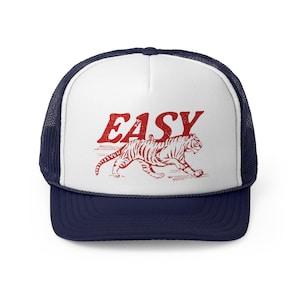 Easy Tiger Trucker Hat, Vintage Distressed Tiger Hat, Trendy Retro Trucker Hat, Otto Trucker Hat, Grunge Indie Boho Tiger Hat Dark Navy