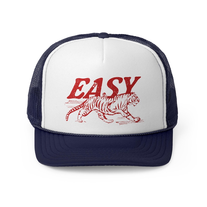 Easy Tiger Trucker Hat, Vintage Distressed Tiger Hat, Trendy Retro Trucker Hat, Otto Trucker Hat, Grunge Indie Boho Tiger Hat Dark Navy