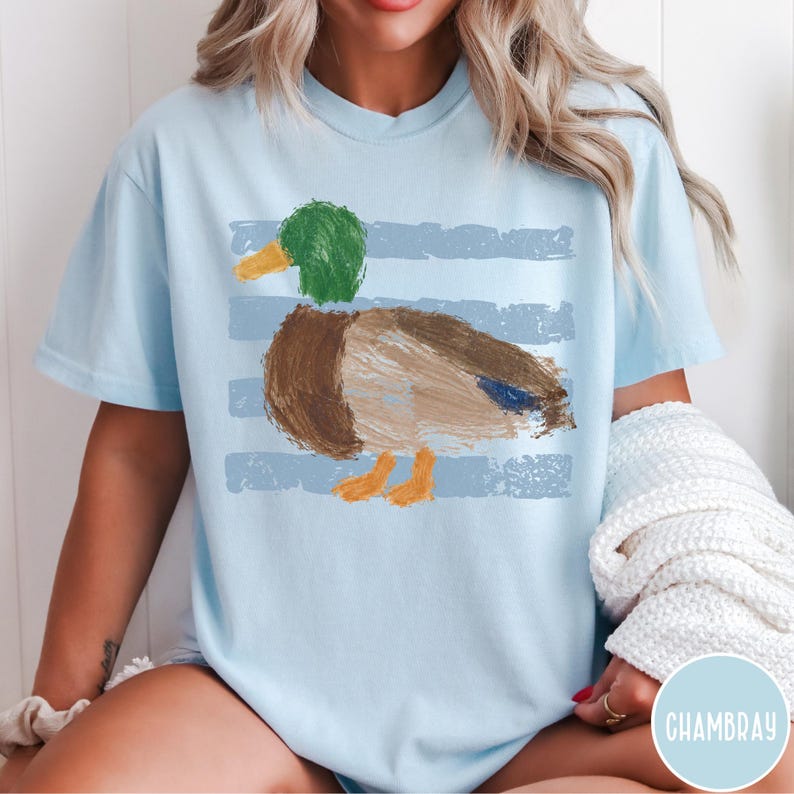 Vintage Retro Mallard Comfort Colors®, Vintage 90's Painted Duck T-Shirt, Striped Duck Tee, Nature Tee, Coastal Aesthetic Shirt, Duck Gift Chambray