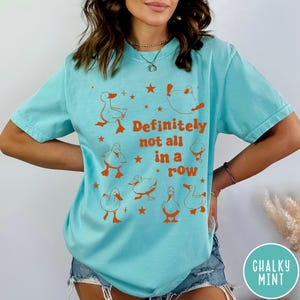 May include: A turquoise blue t-shirt with a graphic of ducks in a row and the text "Definitely not all in a row".