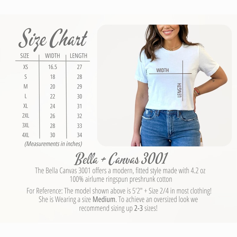 May include: Size chart for Bella + Canvas 3001 t-shirts, showing width and length measurements in inches for sizes XS to 4XL. The model is wearing a size Medium. The text states that the t-shirts are made with 4.2 oz 100% airlume ringspun preshrunk cotton.