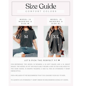 May include: Size guide for a t-shirt dress. The model is wearing a size M and a size XL. The model is 5'6" and regularly wears a size M for a relaxed fit. For a relaxed fit, choose your go-to size. To achieve an oversized t-shirt dress, go up two sizes.