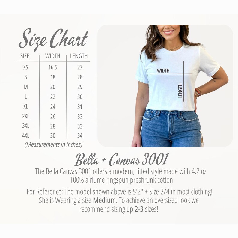 May include: Size chart for Bella + Canvas 3001 t-shirts, showing width and length measurements in inches for sizes XS to 4XL. The model is wearing a size Medium. The text states that the t-shirts are made with 4.2 oz 100% airlume ringspun preshrunk cotton.