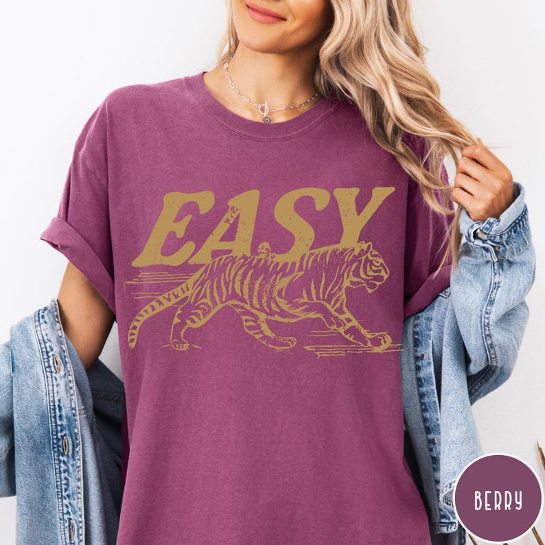 Easy Tiger Comfort Colors® T-Shirt, Vintage Distressed Tiger Shirt, Oversized Retro Tiger Tee, Trendy Grunge Indie Boho Shirt, Graphic Tee Berry