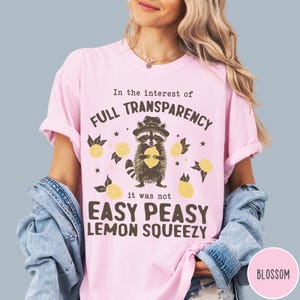 May include: Pink t-shirt with a raccoon graphic holding a lemon. The text on the shirt reads "In the interest of full transparency it was not easy peasy lemon squeezy."