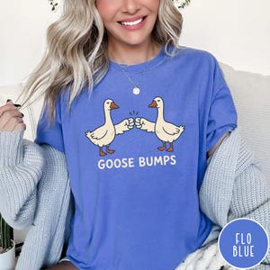 Puede incluir: Una camiseta de manga corta en color azul flo con un gr&aacute;fico de dos gansos blancos chocando los pu&ntilde;os. Debajo de los gansos, el texto GOOSE BUMPS est&aacute; impreso en letras may&uacute;sculas blancas. La camiseta tiene cuello redondo y corte holgado.