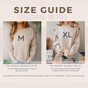 Puede incluir: Gu&iacute;a de tallas para sudaderas Gildan 18000. La imagen muestra dos modelos que usan diferentes tallas. Un modelo usa la talla M, el otro XL. El texto explica c&oacute;mo elegir la talla correcta para un ajuste relajado o extragrande. El modelo mide 178 cm.