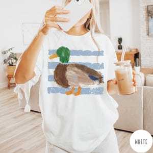 Vintage Retro Mallard Comfort Colors®, Vintage 90's Painted Duck T-Shirt, Striped Duck Tee, Nature Tee, Coastal Aesthetic Shirt, Duck Gift White
