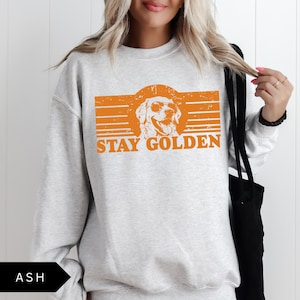 Puede incluir: Una sudadera gris con un gr&aacute;fico naranja de un golden retriever con gafas de sol y el texto "Stay Golden".