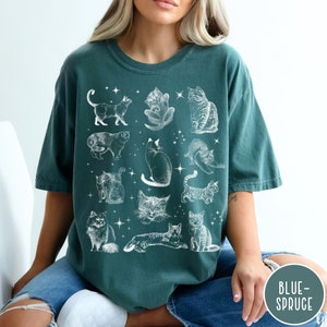K&ouml;nnte beinhalten: Ein blaues T-Shirt mit einem wei&szlig;en Aufdruck von verschiedenen Katzen in verschiedenen Posen. Die Katzen sind von kleinen wei&szlig;en Sternen umgeben.