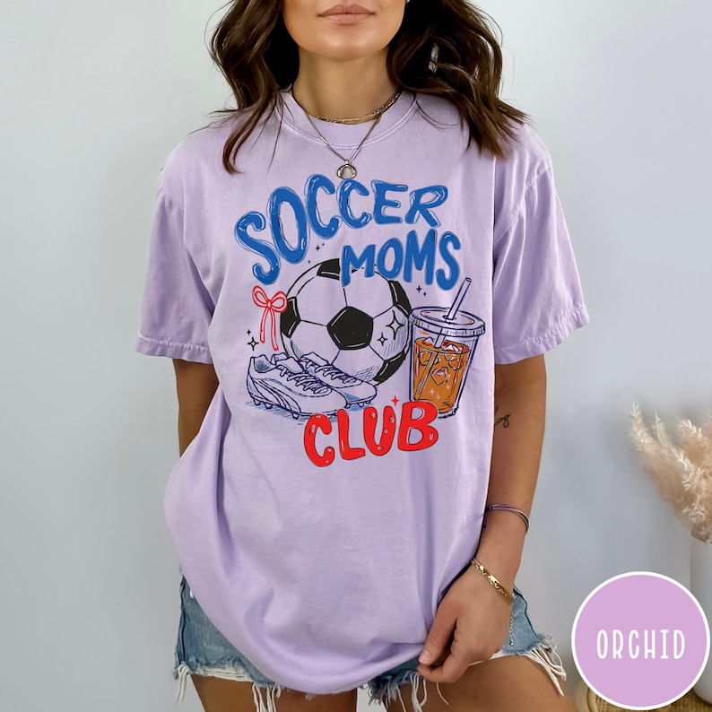Soccer Moms Club Comfort Colors® T-Shirt, Gameday Doodle Soccer Tee, Trendy Women's Soccer Shirt, Sports Mom Shirt, Game Day Tee Orchid