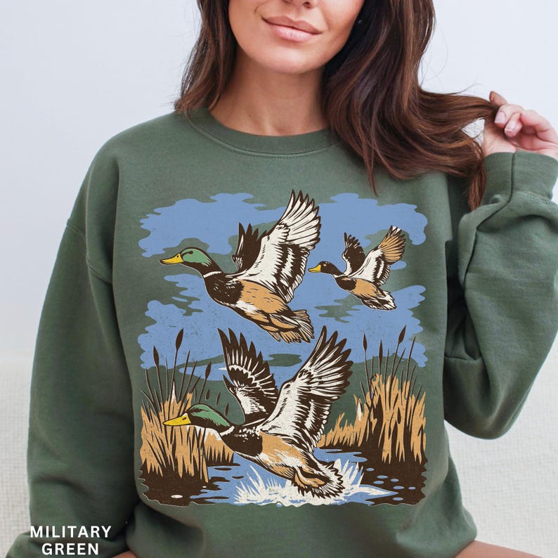 Vintage Ducks Sweatshirt - Unisex Retro Mallard Shirt Military Green