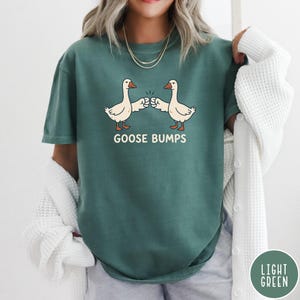Puede incluir: Una camiseta de manga corta de color verde oscuro con un gr&aacute;fico de dos gansos blancos chocando los pu&ntilde;os. Debajo de los gansos, el texto GOOSE BUMPS est&aacute; impreso en una fuente de color crema. La camiseta tiene cuello redondo y corte casual.
