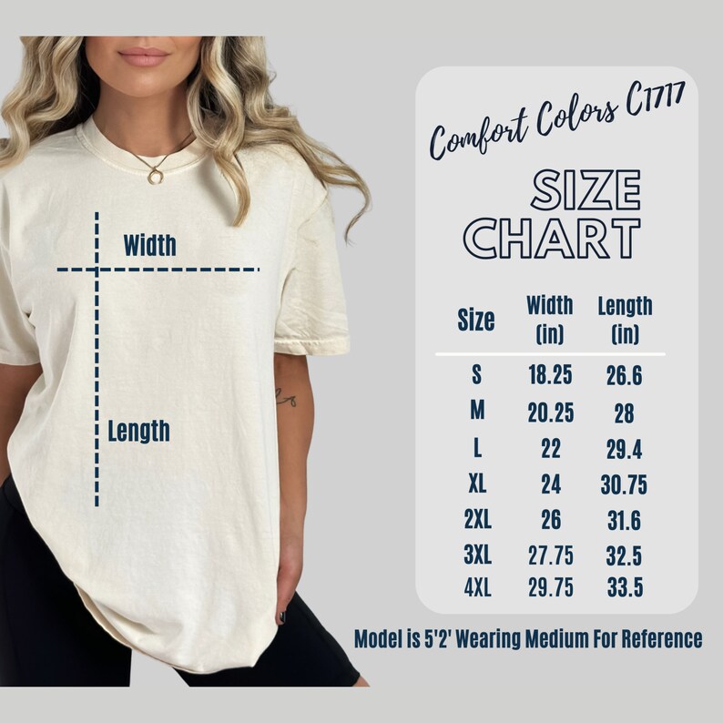 K&ouml;nnte beinhalten: Gr&ouml;&szlig;entabelle f&uuml;r Comfort Colors C1717 T-Shirts, mit Ma&szlig;en in Zoll f&uuml;r die Gr&ouml;&szlig;en S bis 4XL. Die Tabelle enth&auml;lt die Ma&szlig;e f&uuml;r Breite und L&auml;nge f&uuml;r jede Gr&ouml;&szlig;e.