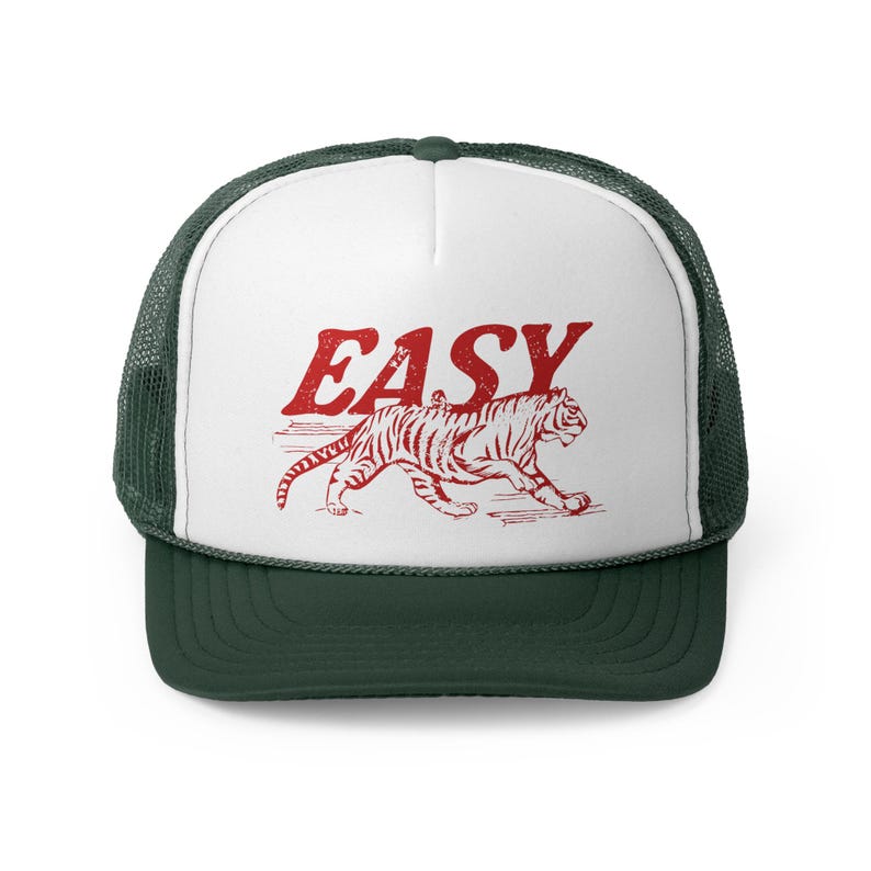 Easy Tiger Trucker Hat, Vintage Distressed Tiger Hat, Trendy Retro Trucker Hat, Otto Trucker Hat, Grunge Indie Boho Tiger Hat Dark Green