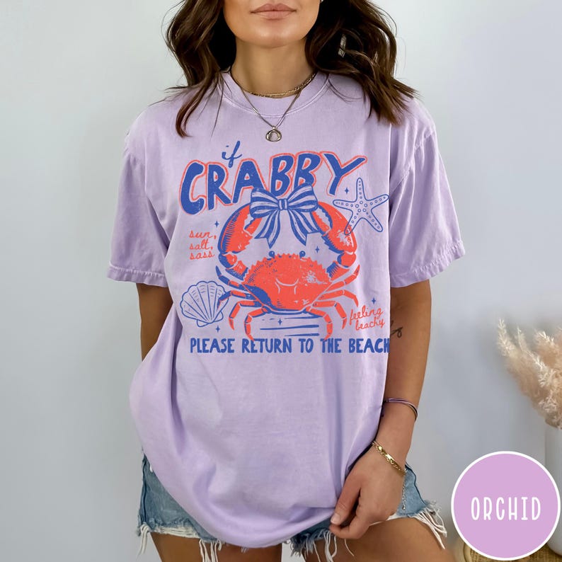 Camiseta Comfort Colors® "If Crabby Please Return To The Beach", Camiseta retrô com estampa litorânea, Camiseta divertida para praia, Camiseta com estampa de verão, Presente para amantes da praia Orchid
