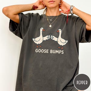 Puede incluir: Una camiseta de manga corta color gris carb&oacute;n con un gr&aacute;fico de dos gansos blancos chocando los pu&ntilde;os. Debajo de los gansos, el texto GOOSE BUMPS est&aacute; impreso en una fuente sans-serif sencilla, negrita y de color blanco roto.