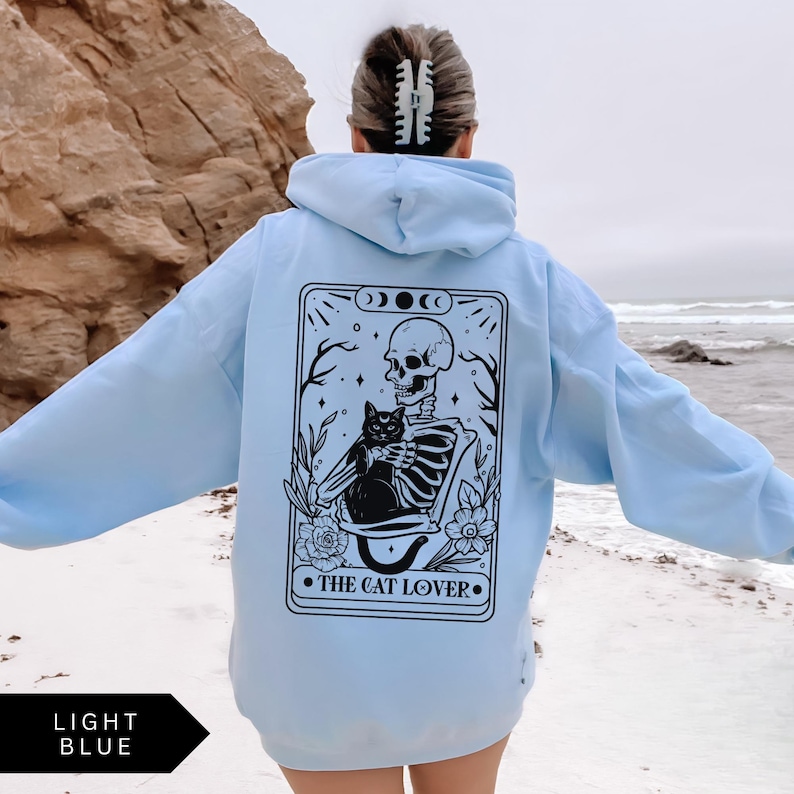 Cat Lover Tarot Card Hoodie, Funny Cat Shirt, Cat Lover Gift, Oversized Hoodie, Aesthetic Graphic Retro Vintage Shirt, Cat Lover Sweatshirt Light Blue