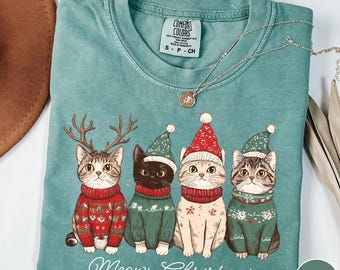 Meowy Christmas Comfort Colors® Shirt, Christmas Cat Tshirt, Vintage Cat with Santa Hat Shirt, Cute Retro Cat Lover Christmas Graphic Tee