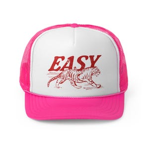Easy Tiger Trucker Hat, Vintage Distressed Tiger Hat, Trendy Retro Trucker Hat, Otto Trucker Hat, Grunge Indie Boho Tiger Hat Pink