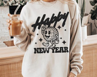 Sudadera retro de Nochevieja, camiseta de Feliz Año Nuevo, camiseta de fiesta de Año Nuevo, camiseta de Año Nuevo a juego de moda, sudadera festiva, bola de discoteca