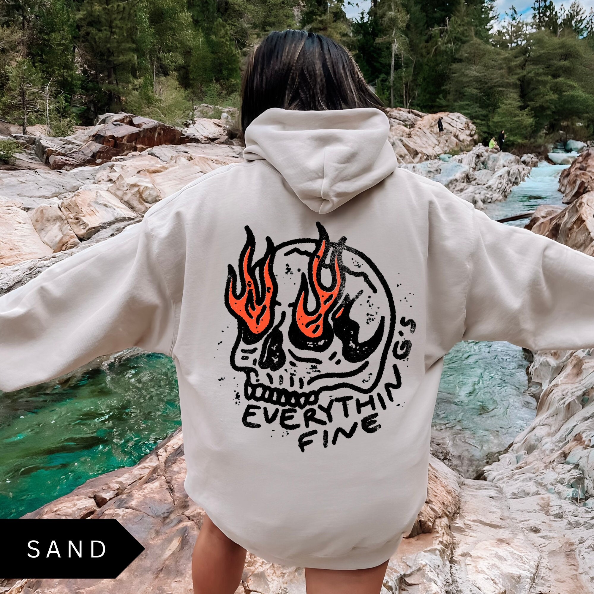Everything&#39;s Fine Hoodie, Vintage Graphic Skull Unisex Shirt, Retro Oversized Grunge Trendy Sweatshirt, Skeleton Shirt, Its Fine Hoodie