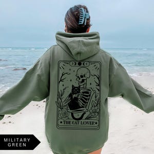 Cat Lover Tarot Card Hoodie, Funny Cat Shirt, Cat Lover Gift, Oversized Hoodie, Aesthetic Graphic Retro Vintage Shirt, Cat Lover Sweatshirt Military Green