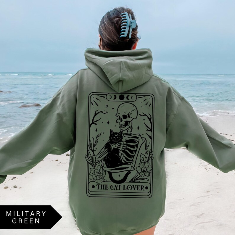 Cat Lover Tarot Card Hoodie, Funny Cat Shirt, Cat Lover Gift, Oversized Hoodie, Aesthetic Graphic Retro Vintage Shirt, Cat Lover Sweatshirt Military Green