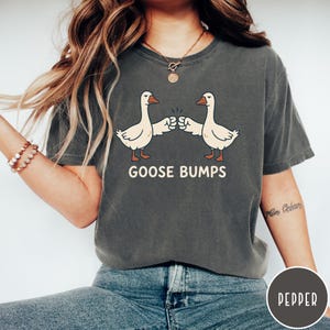 Puede incluir: Una camiseta de manga corta en color gris carb&oacute;n con un gr&aacute;fico de dos gansos blancos chocando los pu&ntilde;os. Debajo de los gansos, el texto GOOSE BUMPS est&aacute; impreso en una fuente negrita de color crema. La camiseta tiene cuello redondo.