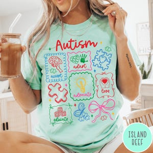 May include: A light green t-shirt with the word "Autism" in red script. The shirt features colorful illustrations of puzzle pieces, a brain, a heart, and the words "accept", "adapt", "advocate", "love", and "educate".