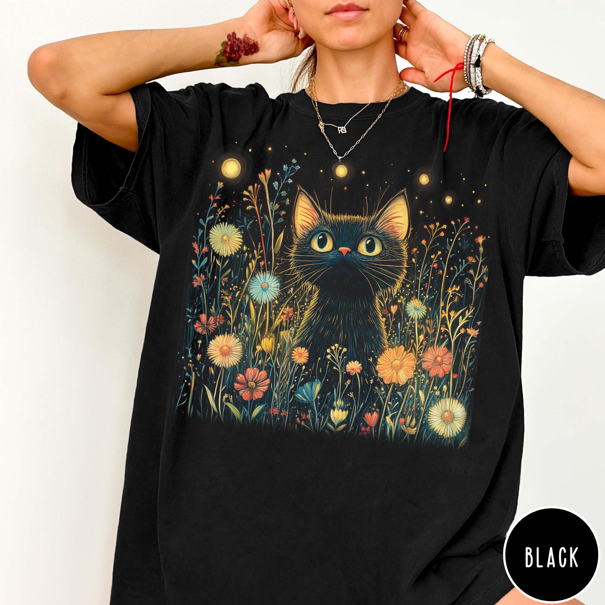 Black Cat Floral Comfort Colors® Shirt: Whimsical Cottagecore Cat Shirt ...