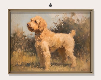 Vintage Golden Doodle Painting, Warm Yellow & Beige Dog Portrait, Antique Nature Country Boho Decor, Printable Wall Art, Digital Download