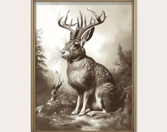 Vintage Jackalope Print, Whimsical Neutral Black & White Sepia Artwork, Nature Cabin Forest Decor, Printable Wall Art, Digital Download