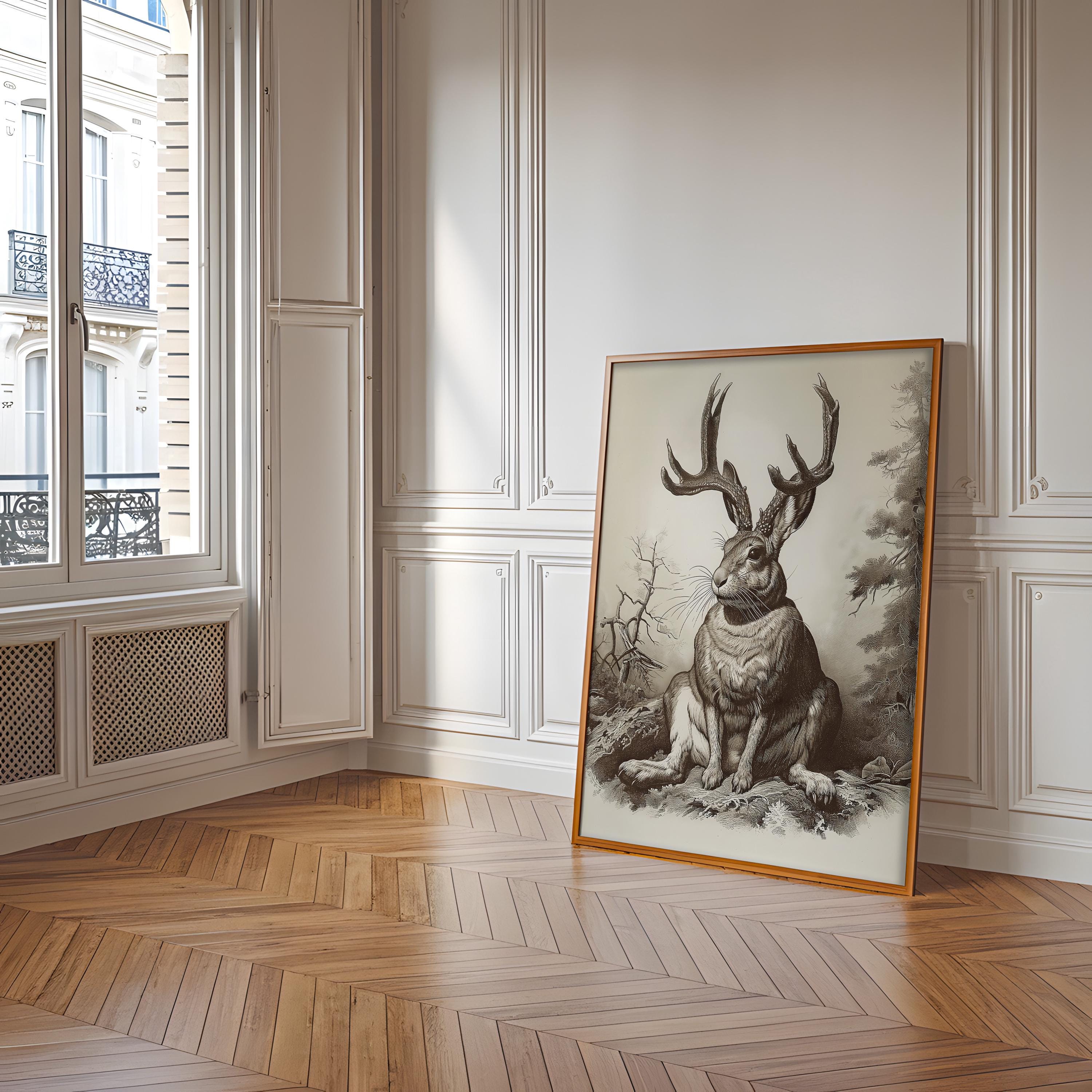 Vintage Jackalope Print, Neutral Black and White Sepia