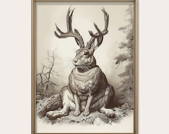 Vintage Jackalope Print, Neutral Black and White Sepia Artwork, Whimsical Cabin Decor, Light Academia, Printable Wall Art, Digital Download