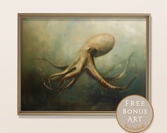 Deep Sea Octopus Painting, Dark Green Calm Beige Ocean, Light Academia, Original Moody Nautical Print, Printable Wall Art, Digital Download
