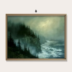 Wald Küste Felszeichnung, Stimmungsvolle grün graue Meereslandschaft, Nordseeküste Dekor, druckbare Wandkunst, digitaler Download