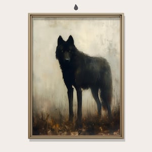 Black Wolf Painting, Moody Beige Wildlife Landscape, Vintage Nature Decor, Dark Academia, Cottagecore, Printable Wall Art, Digital Download