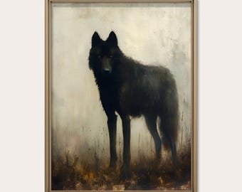 Black Wolf Painting, Moody Beige Wildlife Landscape, Vintage Nature Decor, Dark Academia, Cottagecore, Printable Wall Art, Digital Download