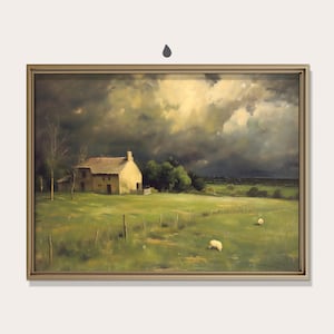 Cottage Farmhouse Sheep Painting, Calm Green Gray Landscape, Vintage Country Decor, Light Academia, Printable Wall Art, Digital Download