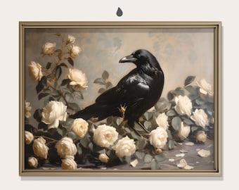 Raven in Victorian Roses, Rich Black & Soft White, Moody Antique Gothic Still Life, Dark Academia, Printable Wall Art, Digital Download
