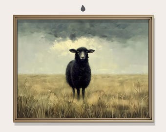 Black Sheep Painting, Beige Blue Landscape, Country Farm Decor, Light Academia, Farmhouse Sheep, Printable Wall Art, Digital Download