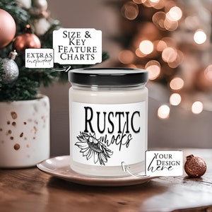 Maquete de vela de Natal, maquete de vela de soja perfumada de 9 onças PNG e JPG com tamanho de gráfico de perfume e gráficos de recursos principais para Canva ou Photoshop