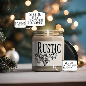 Maquete de vela de Natal, maquete de vela de soja perfumada de 9 onças PNG e JPG com tamanho de gráfico de perfume e gráficos de recursos principais para Canva ou Photoshop